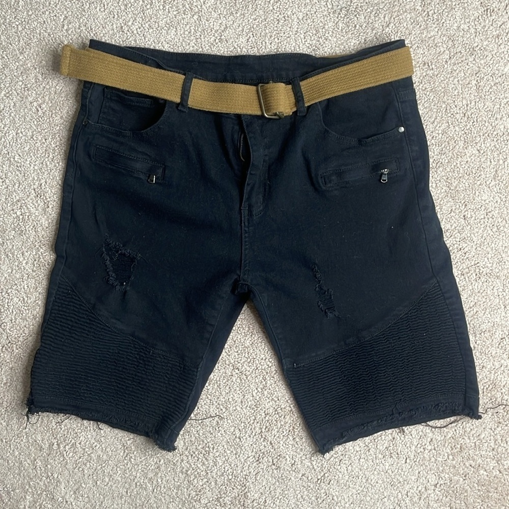 Distressed Black Jean Shorts with Belt